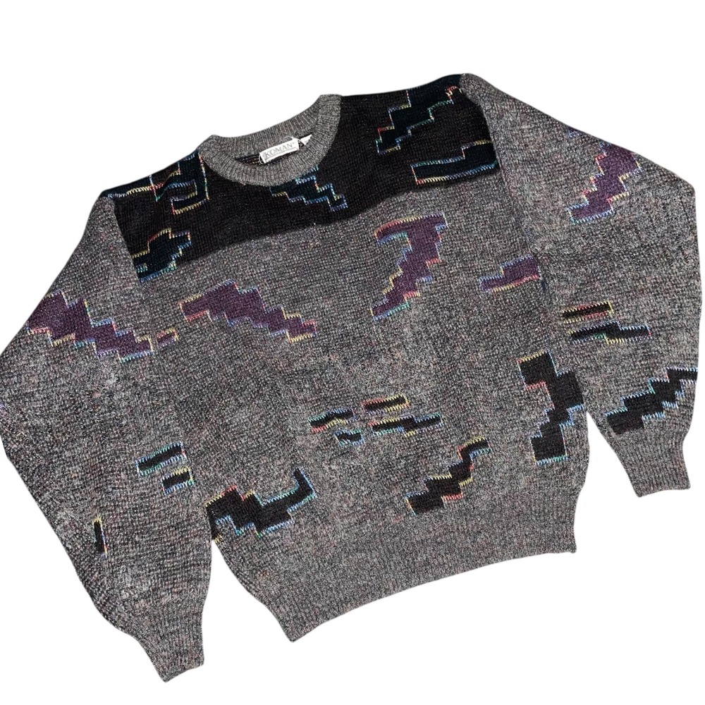 Koman men's Gray Multi Abstract medium‎ Streetwear 80s 90s retro Sweater